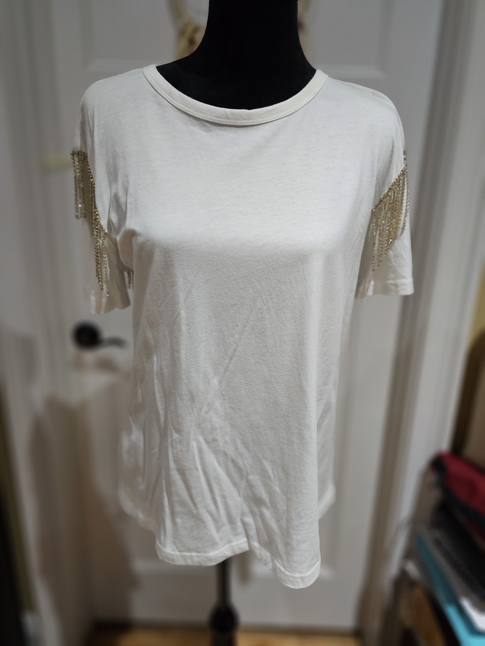 White Short-Sleeve Tee with RHINESTONE Fringe Sleeves, NWT